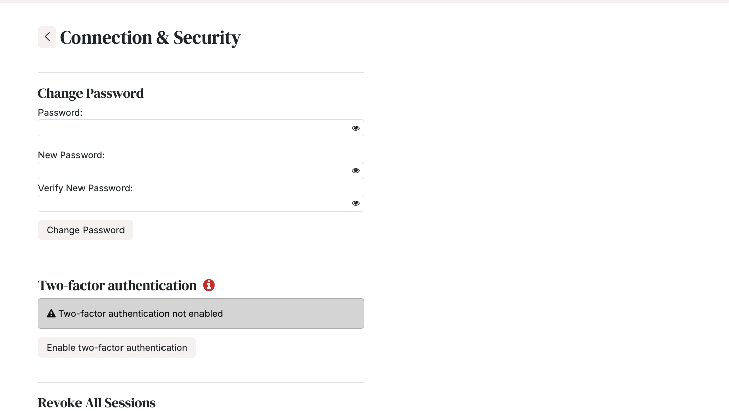 Screenshot of Librarian Portal security settings with options to change password, enable two‑factor authentication (2FA), and manage login controls.